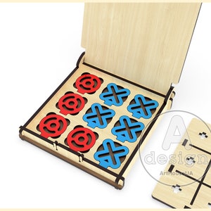 May include: A wooden game box with a hinged lid, open to reveal a game board with red and blue pieces. The game board is made of wood and has a grid pattern. The pieces are shaped like circles and crosses. The box is labeled "A design ArtHouseUA".