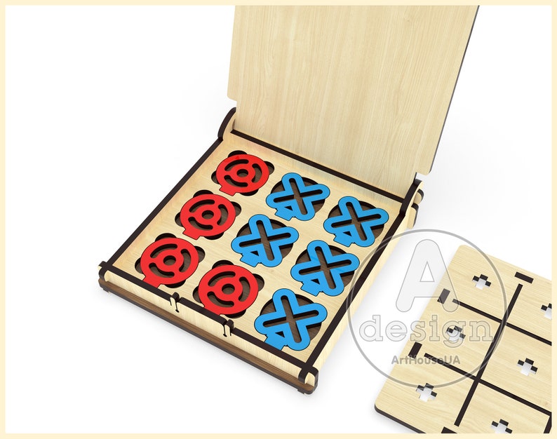 May include: A wooden game box with a hinged lid, open to reveal a game board with red and blue pieces. The game board is made of wood and has a grid pattern. The pieces are shaped like circles and crosses. The box is labeled "A design ArtHouseUA".