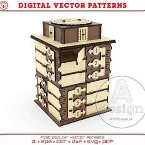 Może przedstawiać: Drewniana skrzynia z obracającym się wierzchołkiem i numerowanymi szufladami. Skrzynia wykonana jest z jasnego i ciemnego drewna i ma rustykalny wygląd.