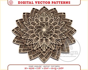 May include: A brown and beige layered mandala design with intricate details. This digital vector pattern is available in AI, EPS, CDR, DXF, SVG, and PDF formats.