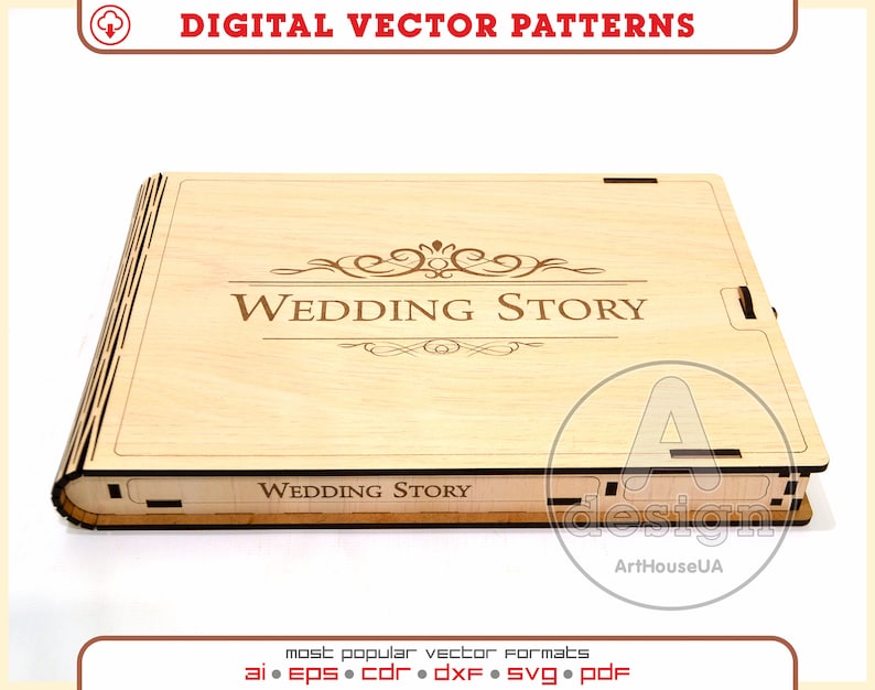 May include: A wooden box with a hinged lid, featuring the text "Wedding Story" in a decorative font. The box is made of light brown wood and has a natural wood grain finish.