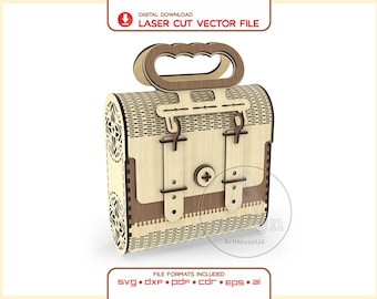 May include: A laser cut vector file for a wooden briefcase with a handle, featuring light and dark wood tones, decorative side panels, and two front straps with a central circular fastener. Text includes DIGITAL DOWNLOAD LASER CUT VECTOR FILE.