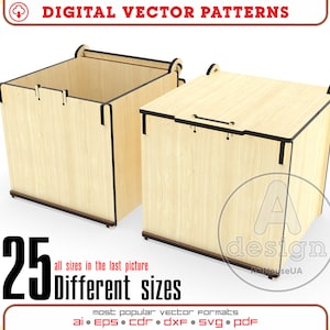 Puede incluir: Dos cajas de madera con tapas, una abierta y otra cerrada. Las cajas son de madera clara con ribetes negros. Las cajas están etiquetadas con "25 tamaños diferentes" y "todos los tamaños en la última imagen".