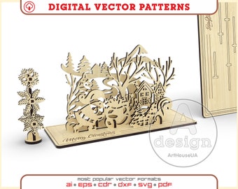 Christmas card 3D Puzzles laser cut vector file. Christmas greetings vector, Christmas souvenir card Glowforge SVG, Christmas decoration SVG