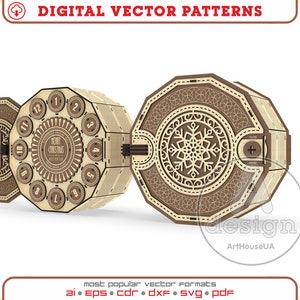 Puede incluir: Un calendario de adviento navideño de madera con un diseño de copo de nieve y una cuenta regresiva circular con los números del 1 al 12. El calendario está hecho de madera cortada con láser y tiene un esquema de color marrón y beige.