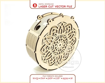 May include: A circular wooden box featuring a multi-layered mandala pattern on the front panel, created for laser cutting. The design includes text reading DIGITAL DOWNLOAD LASER CUT VECTOR FILE and lists file formats SVG, DXF, PDF, CDR, EPS, AI.