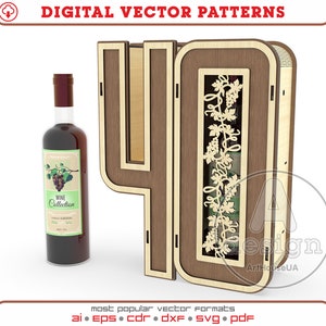 File vettoriale tagliato al laser per scatola di vino regalo per il 40° anniversario, vettore della scatola regalo per il 40° compleanno, vettore di decorazioni per il 40° compleanno, portabottiglie Ver.65