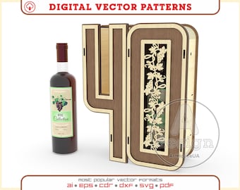 40th anniversary gift wine box laser cut vector file, 40th birthday gift box vector, 40th birthday decorations vector, Wine holder Ver.65