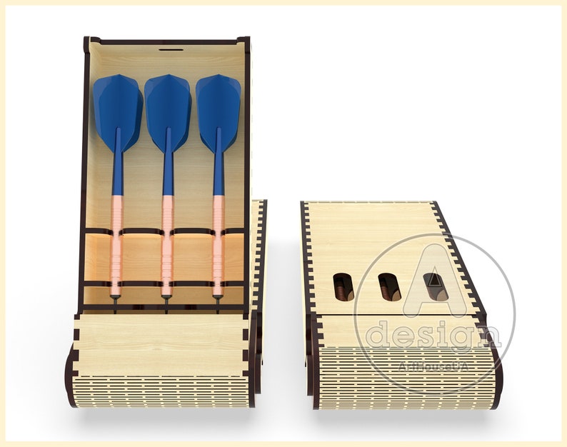 May include: A wooden dart case with a hinged lid, open to reveal three blue and copper darts. The case has a brown wood grain finish and a decorative pattern on the bottom.