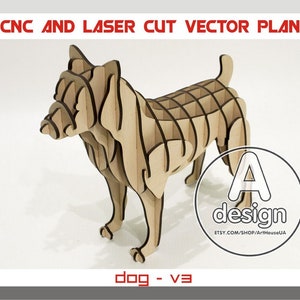May include: A wooden dog model, laser cut and ready to assemble. The model is made of 24 parts and is designed to be assembled into a 3D dog. The image includes the text "CNC AND LASER CUT VECTOR PLAN" and "dog - v3".