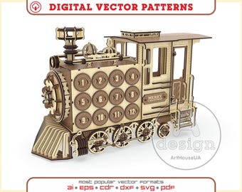 Puede incluir: Un calendario de adviento de madera con forma de tren, con el texto "MERRY CHRISTMAS". El tren presenta 12 compartimentos circulares numerados y detalles intrincados cortados con láser. El diseño incluye ruedas, una chimenea y una cabina, todo en tonos de madera natural.