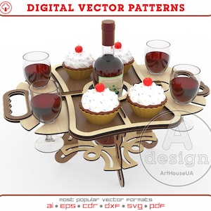 Wine Serving Tray laser cut vector file, Wine bottle holder, Wine bottle and Wine glass Serving Tray, Wine Accessories laser cut file, Wt.V4