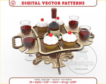 Bandeja para servir vino, archivo de corte láser, soporte de madera para botellas y copas de vino (vector)