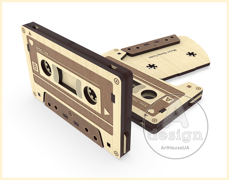 May include: A wooden cassette tape with a brown and beige wood grain pattern. The cassette tape has the text "Actual Time" and "Music Song Code" on it.
