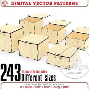 243 cajas de diferentes tamaños con archivo vectorial de tapa abatible para corte láser, paquete de caja de almacenamiento SVG, 243 archivos de paquete de cajas de regalo