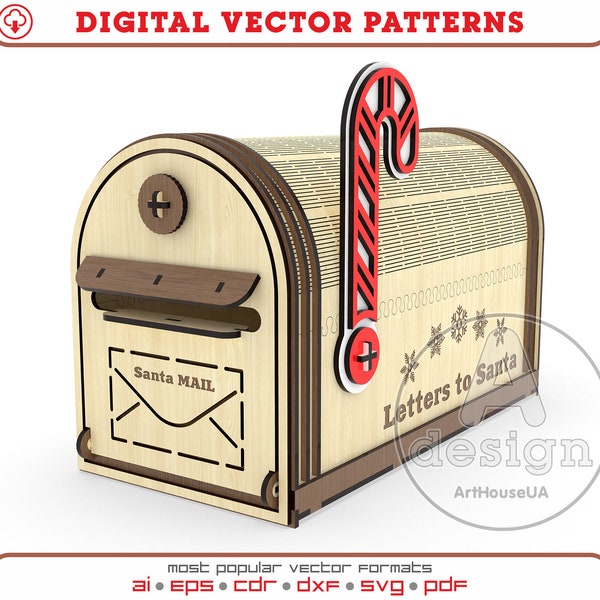 Letters to Santa Mailbox SVG file laser cutter machines and Glowforge, Christmas Santa Claus Mail Box, North Pole Express box, Post Box file
