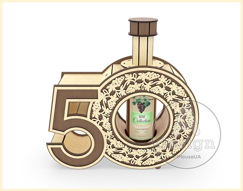 May include: Wooden wine bottle holder shaped like the number 50, with a decorative grapevine design. The holder is made of light brown wood with dark brown accents. The bottle holder is designed to hold a standard-sized wine bottle.