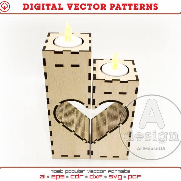 Wooden candle holders, Rustic heart candle holders, Decorative candle holder, Wedding Decorations, laser and Cnc plan, Candle holders, V1