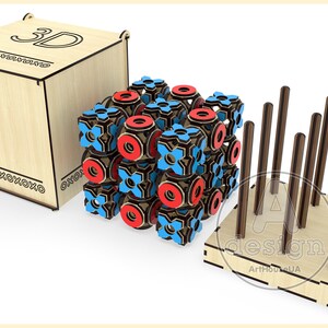 May include: A 3D wooden puzzle featuring red and blue geometric shapes. The puzzle is assembled into a cube shape. The puzzle is crafted from wood and has a natural finish. The puzzle is packaged in a wooden box with the word "3D" printed on the top.