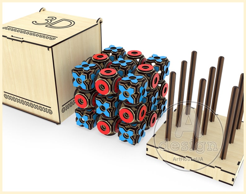 May include: A 3D wooden puzzle featuring red and blue geometric shapes. The puzzle is assembled into a cube shape. The puzzle is crafted from wood and has a natural finish. The puzzle is packaged in a wooden box with the word "3D" printed on the top.