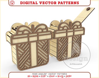 Gift box Glowforge ready vector SVG files, Christmas gift box vector for laser cut DXF, box for candies vector, Gift box laser cut tpattern