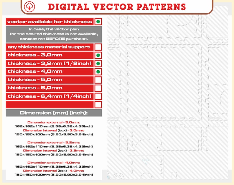 Op de afbeelding: Een digitaal vectorpatroonontwerp met een rood-wit kleurenschema. Het ontwerp is verkrijgbaar in verschillende diktes, waaronder 3,0 mm, 3,2 mm, 4,0 mm, 5,0 mm, 6,0 mm en 6,4 mm. De afmetingen van het patroon worden zowel in millimeters als in inches weergegeven.