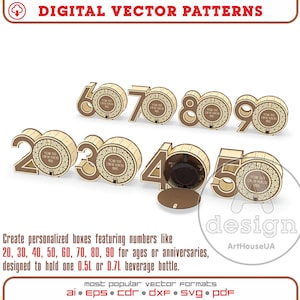 May include: Digital vector patterns for personalized boxes featuring numbers 20, 30, 40, 50, 60, 70, 80, and 90. These boxes are designed to hold a 0.5L or 0.7L beverage bottle. The image includes the text "DIGITAL VECTOR PATTERNS".