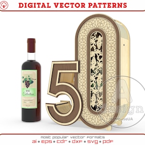 File vettoriale tagliato al laser per scatola regalo per il 50° anniversario, vettore scatola regalo per il 50° compleanno, vettore decorazioni per il 50° compleanno, portabottiglie Ver.96