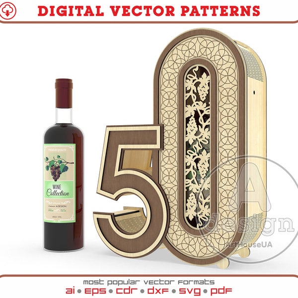 Fichier vectoriel découpé au laser de boîte à vin cadeau du 50e anniversaire, vecteur de boîte-cadeau du 50e anniversaire, vecteur de décorations du 50e anniversaire, Porte-vin Ver.96