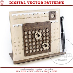 Eeuwigdurende kalender, kalender laser gesneden vector plan, eeuwigdurende kalender wand decor, houten kalender, multiplex kalender, CNC-bestand, PC-V15