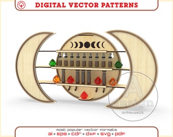 May include: A wooden shelf with a crescent moon design, featuring three shelves for displaying bottles and small decorative items. The shelf is decorated with a moon phase design and has a natural wood finish.