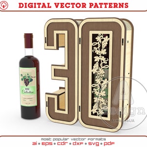 30th anniversary gift wine box laser cut vector file, 30th birthday gift box vector, 30th birthday decorations vector, Wine holder Ver.75