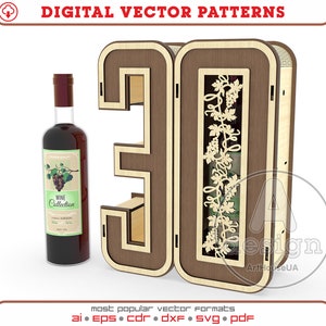 File vettoriale tagliato al laser per scatola di vino regalo per il 30° anniversario, vettore della scatola regalo per il 30° compleanno, vettore delle decorazioni per il 30° compleanno, portabottiglie Ver.75