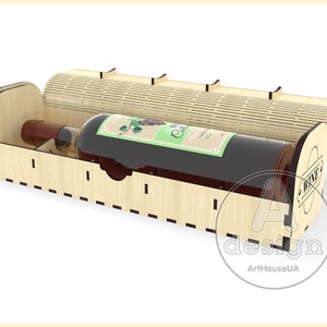 Puede incluir: Una caja de madera para vino con una botella de vino dentro. La caja tiene un hueco para la botella y una etiqueta que dice "Vino".