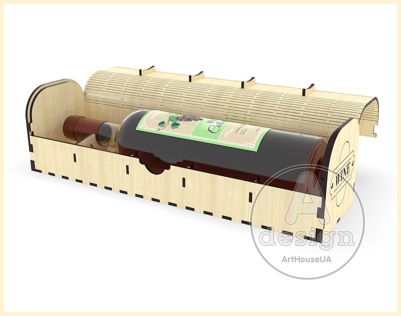 Puede incluir: Una caja de madera para vino con una botella de vino dentro. La caja tiene un hueco para la botella y una etiqueta que dice "Vino".
