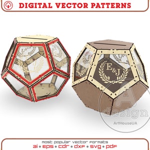 Twee versies Bruiloft kaart vak vector SVG-bestand voor laser gesneden en Glowforge gebruiker, Bruiloft Receptie doos, Gift Hexagon Polygon geldkaart doos.