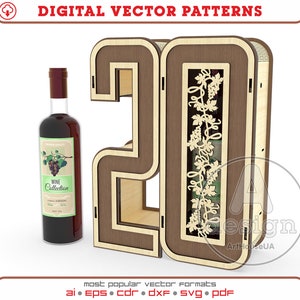 Archivo vectorial cortado con láser de caja de vino de regalo del 20.º aniversario, vector de caja de regalo de 20.º cumpleaños, vector de decoraciones de 20.º cumpleaños, soporte para vino Ver.74