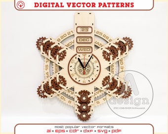 May include: A wooden clock with gears and a calendar. The clock face is white with black hands and Roman numerals. The calendar is a circle with the months of the year and the days of the week. The clock is made of wood and has a brown stain. The clock is a digital vector pattern.