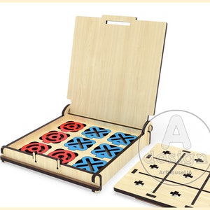 May include: Wooden tic-tac-toe game with a hinged lid. The game board has a grid with nine spaces. The lid opens to reveal a set of red and blue game pieces.