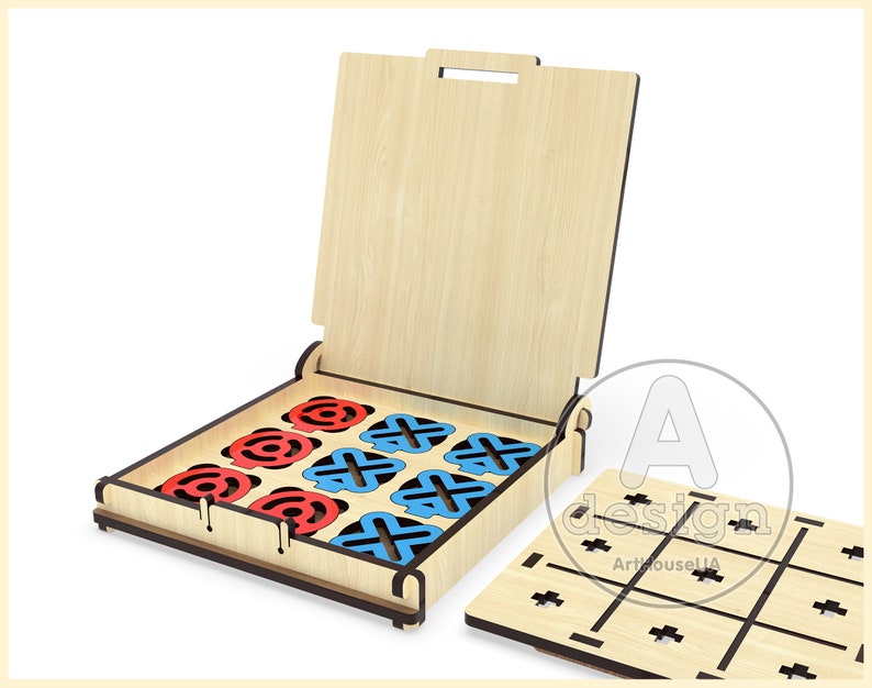 May include: Wooden tic-tac-toe game with a hinged lid. The game board has a grid with nine spaces. The lid opens to reveal a set of red and blue game pieces.