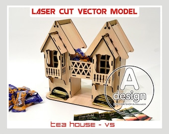 Tea house, tea holder box, tea bag dispenser, tea bag holder, tea bag storage, laser cut vector, Cnc vector plan, laser cut pattern, TH-V5
