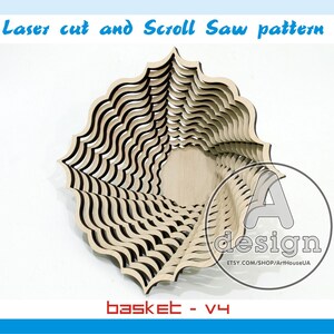 Puede incluir: Patrón de corte por láser y sierra de calar para una cesta de madera. La cesta está hecha de 12 piezas y tiene un diseño ondulado. El patrón está disponible en los formatos AI, EPS, CDR, DXF y SVG.