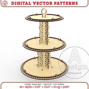 Gelaagde lade met drie platen lasergesneden vectorbestand DXF, ronde displaystandaard SVG-bestand voor Glowforge-gebruiker, Cupcake- en taartstandaard vector DXF