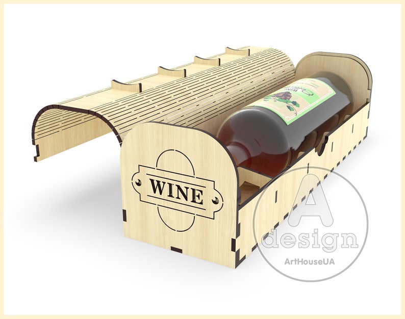 Puede incluir: Una caja de madera para vino con una tapa con bisagras y un hueco para una botella. La caja est&aacute; decorada con la palabra "WINE" y tiene un patr&oacute;n de rayas marrones y blancas.