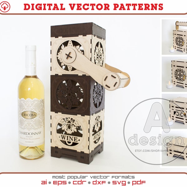 Wine box laser cut vector file, Wine bottle holder, Wine box laser ready SVG file, Plywood wine box, Wooden line box, Bottle stand, Ver.47