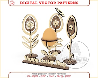 May include: Wooden Easter egg holder with three flower-shaped stands and a single egg in the center. The holder has a sign that reads "Happy Easter Day".