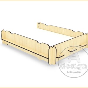 May include: A wooden frame for a bed, made of light wood with black edges. The frame has a simple design with a few cutouts for added detail.