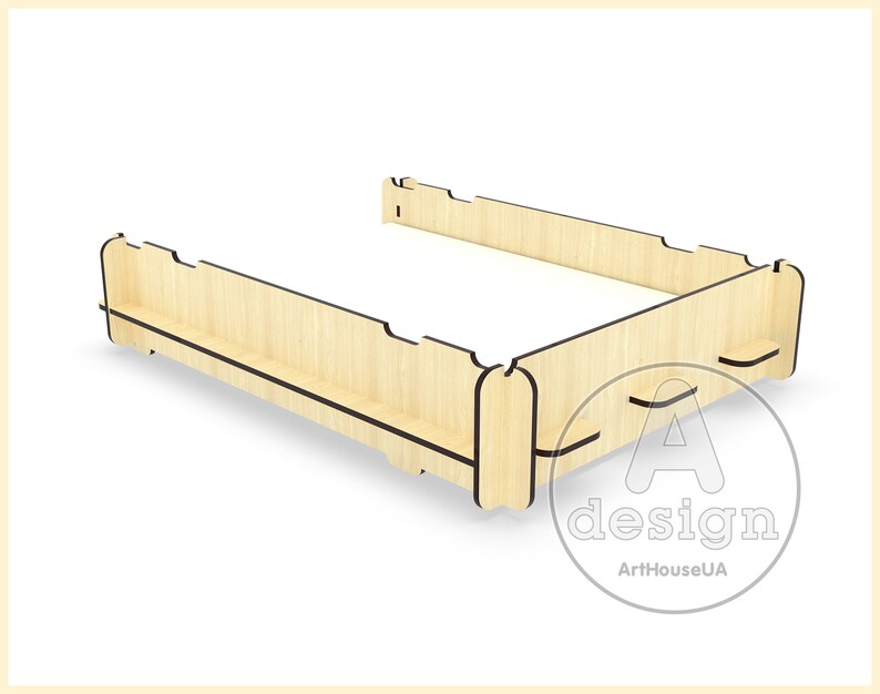 May include: A wooden frame for a bed, made of light wood with black edges. The frame has a simple design with a few cutouts for added detail.