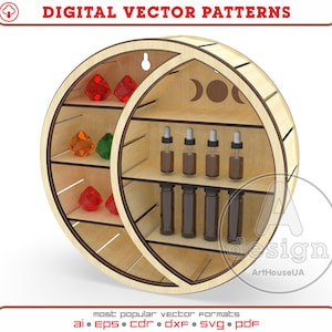 May include: A wooden shelf with a crescent moon design. The shelf has three tiers and is decorated with red, green, and orange crystals. There are six small glass bottles with droppers on the bottom shelf. The shelf is a digital vector pattern.