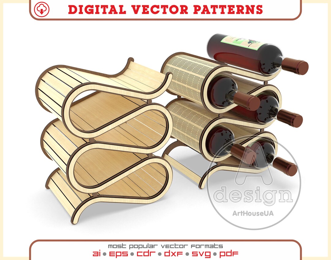Wine Bottle and Wine Glass Shelf Laser Cut Ready Vector File, Table